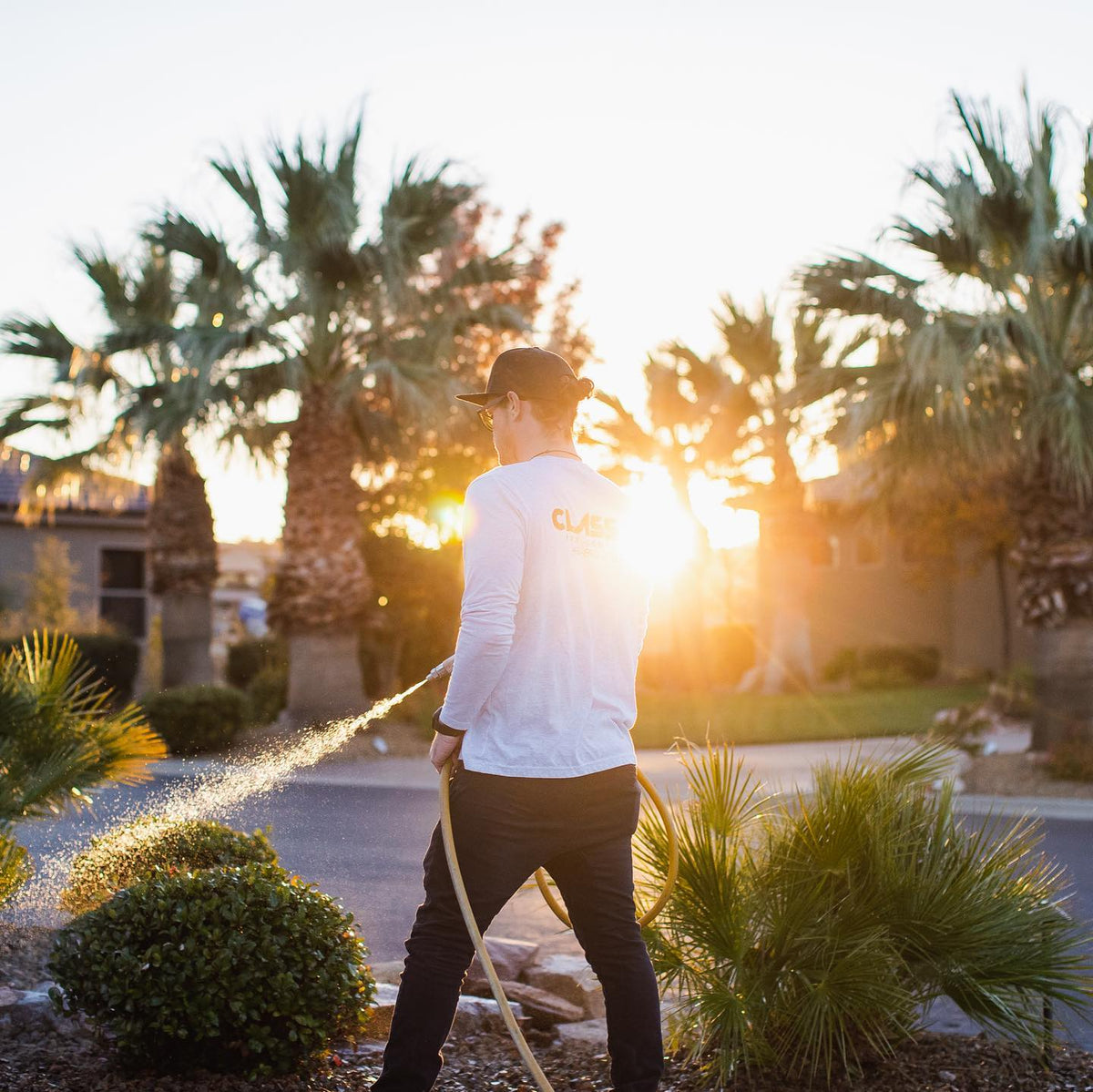 Professional Pest Control technician using spray treatment outside on landscape